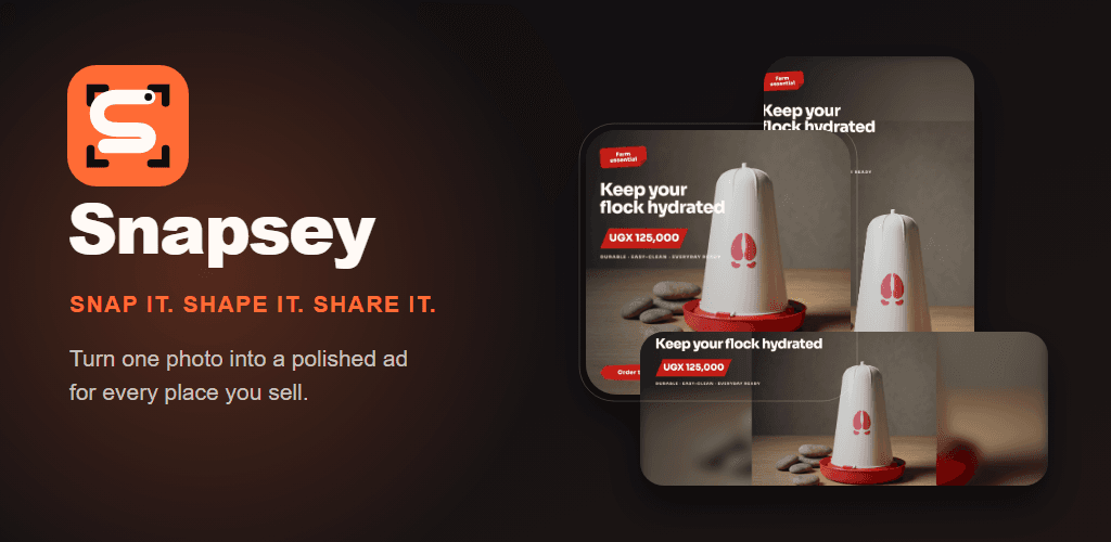Snapsey feature graphic showing three generated ad designs for a poultry feeder