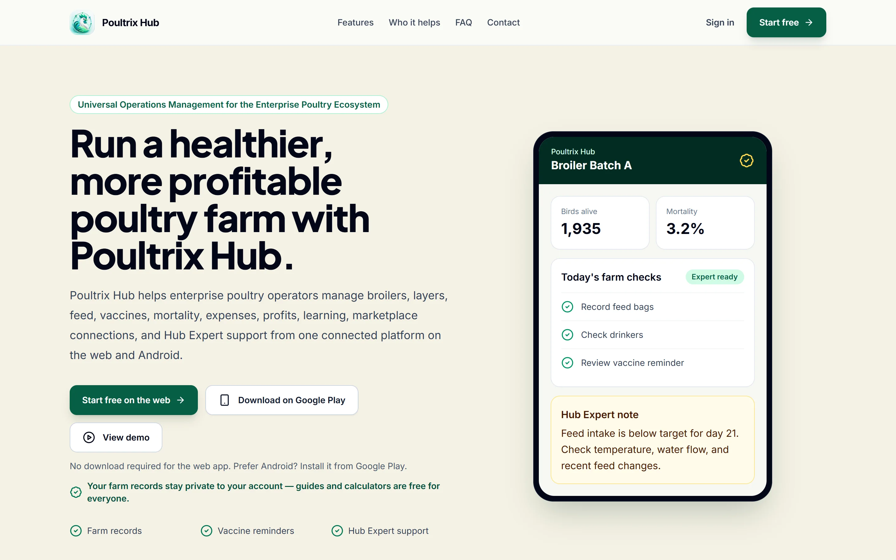 Poultrix Hub web app home page as it is live today
